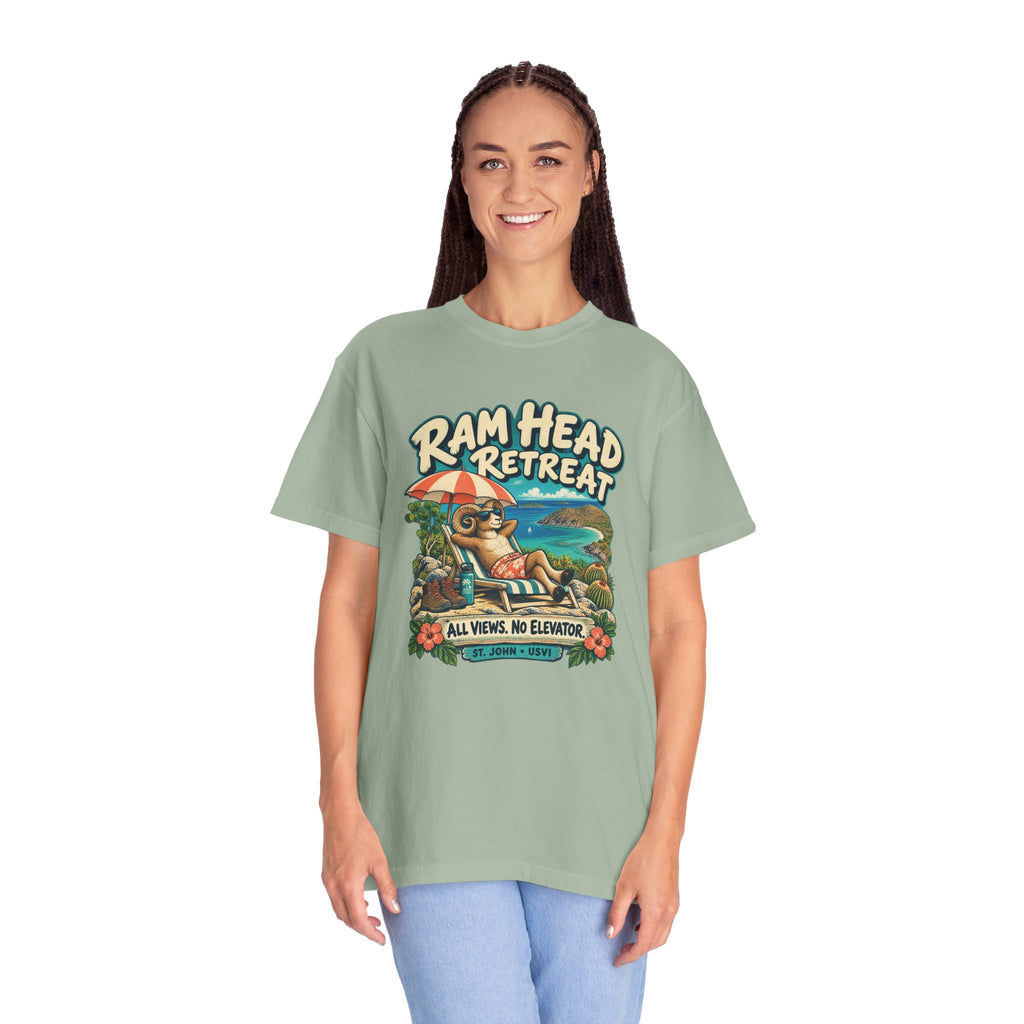 Model wearing a Comfort Colors 1717 T-shirt with the Ram Head Retreat lounging ram illustration and St. John USVI lettering.