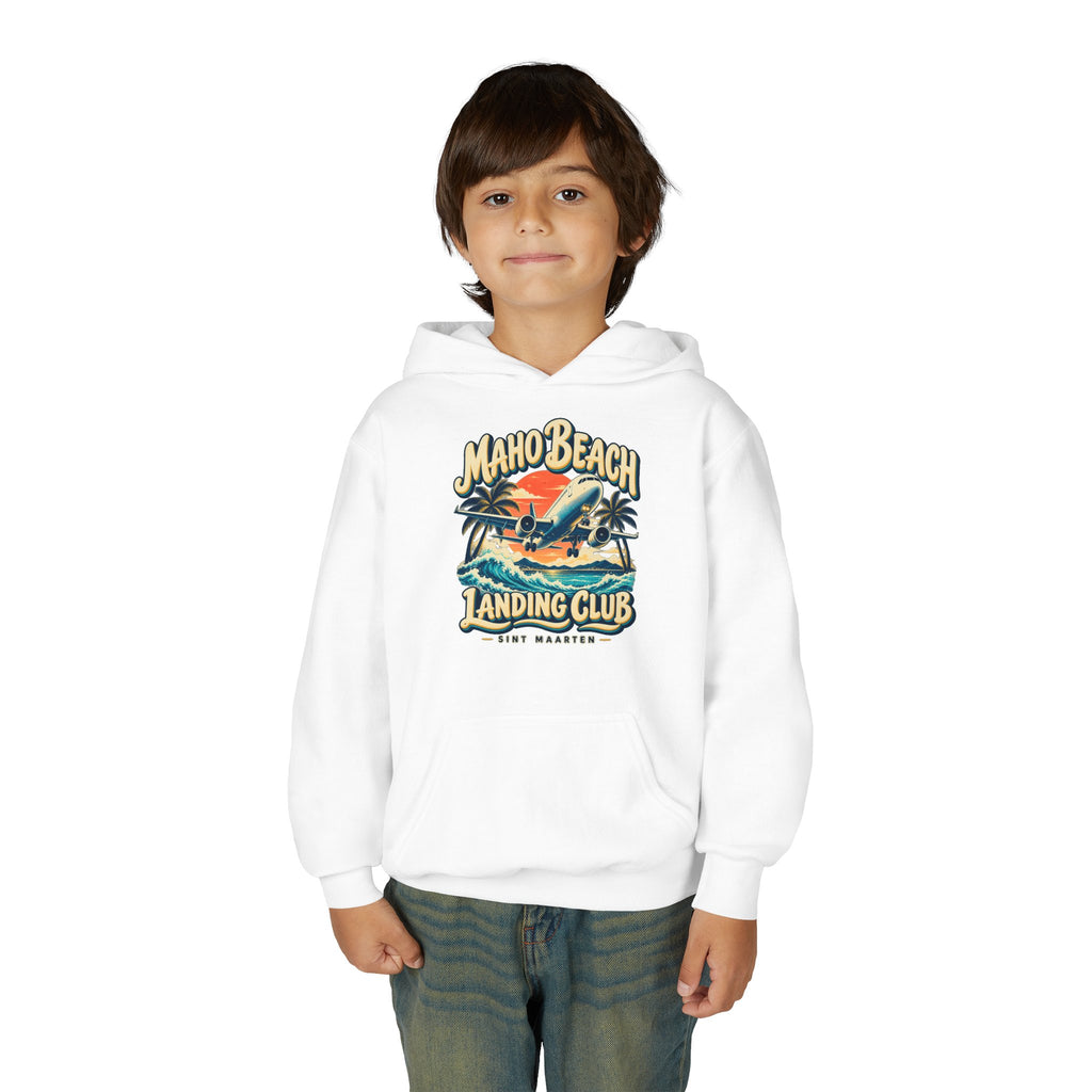 Maho Beach Landing Club Sint Maarten Gildan 18500B Youth Hoodie featuring the Maho Beach destination artwork, supplier product mockup