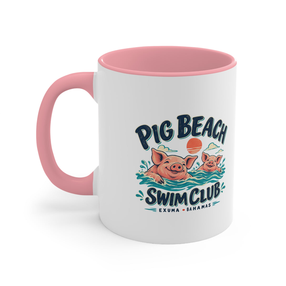 Pig Beach Swim Club Exuma Bahamas accent mug with colorful swimming-pig artwork printed on both sides.