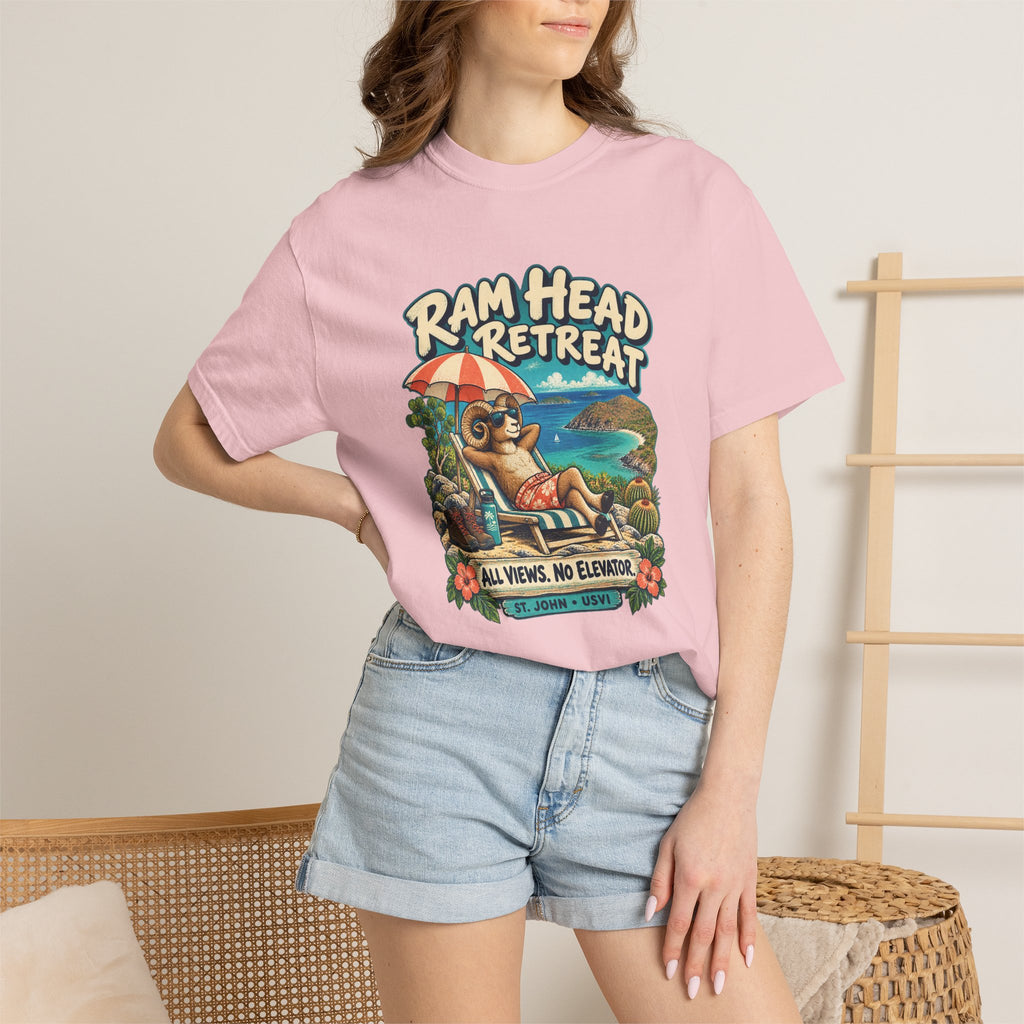 Model wearing a Comfort Colors 1717 T-shirt with the Ram Head Retreat lounging ram illustration and St. John USVI lettering.