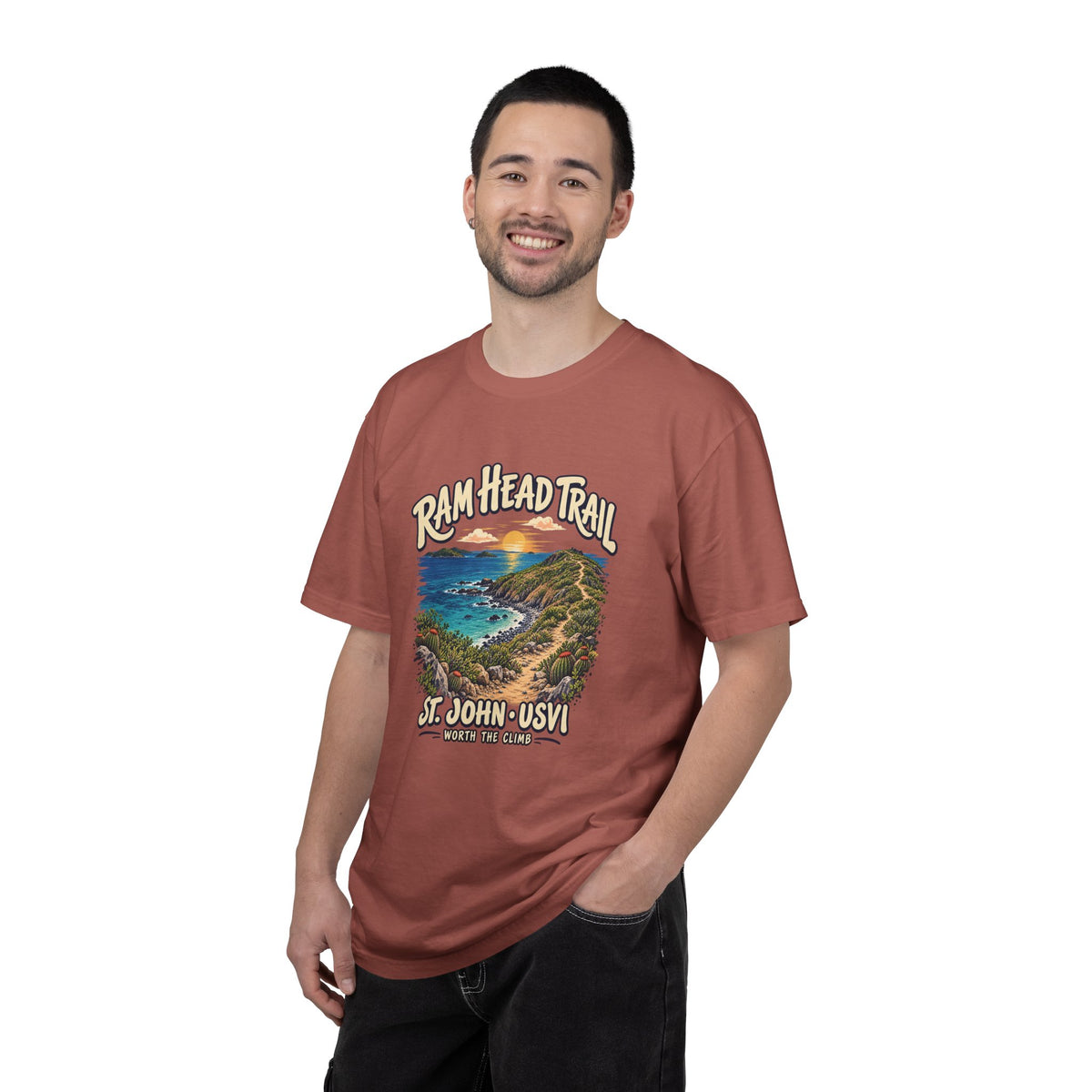 Model wearing a Comfort Colors 1717 T-shirt with the Ram Head Trail coastal illustration and St. John USVI lettering on the front.