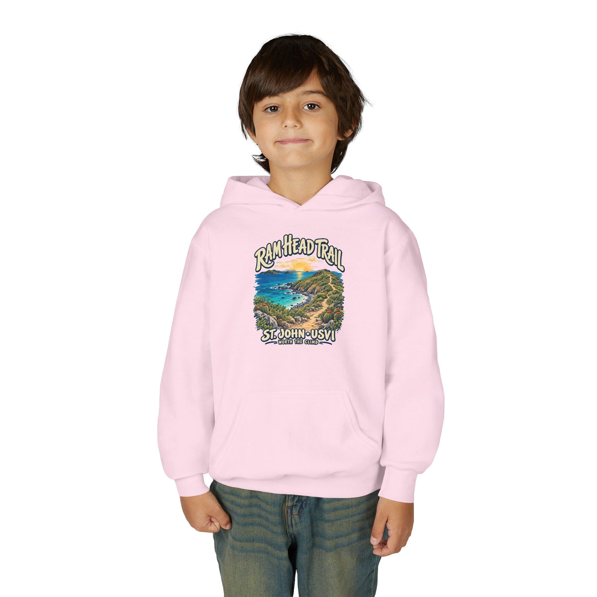 Youth model wearing a Gildan 18500B hoodie with Ram Head Trail St John USVI coastal artwork.