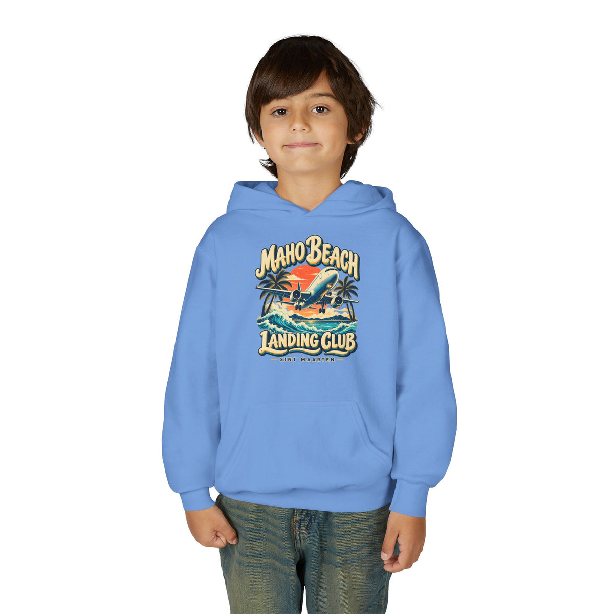 Maho Beach Landing Club Sint Maarten Gildan 18500B Youth Hoodie featuring the Maho Beach destination artwork, supplier product mockup