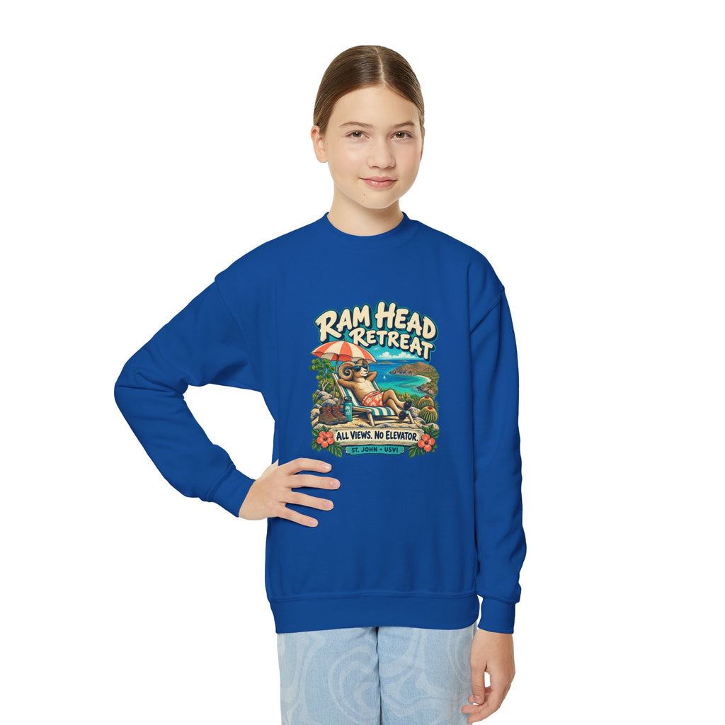 Youth model wearing a Gildan 18000B sweatshirt with Ram Head Retreat St John USVI artwork.