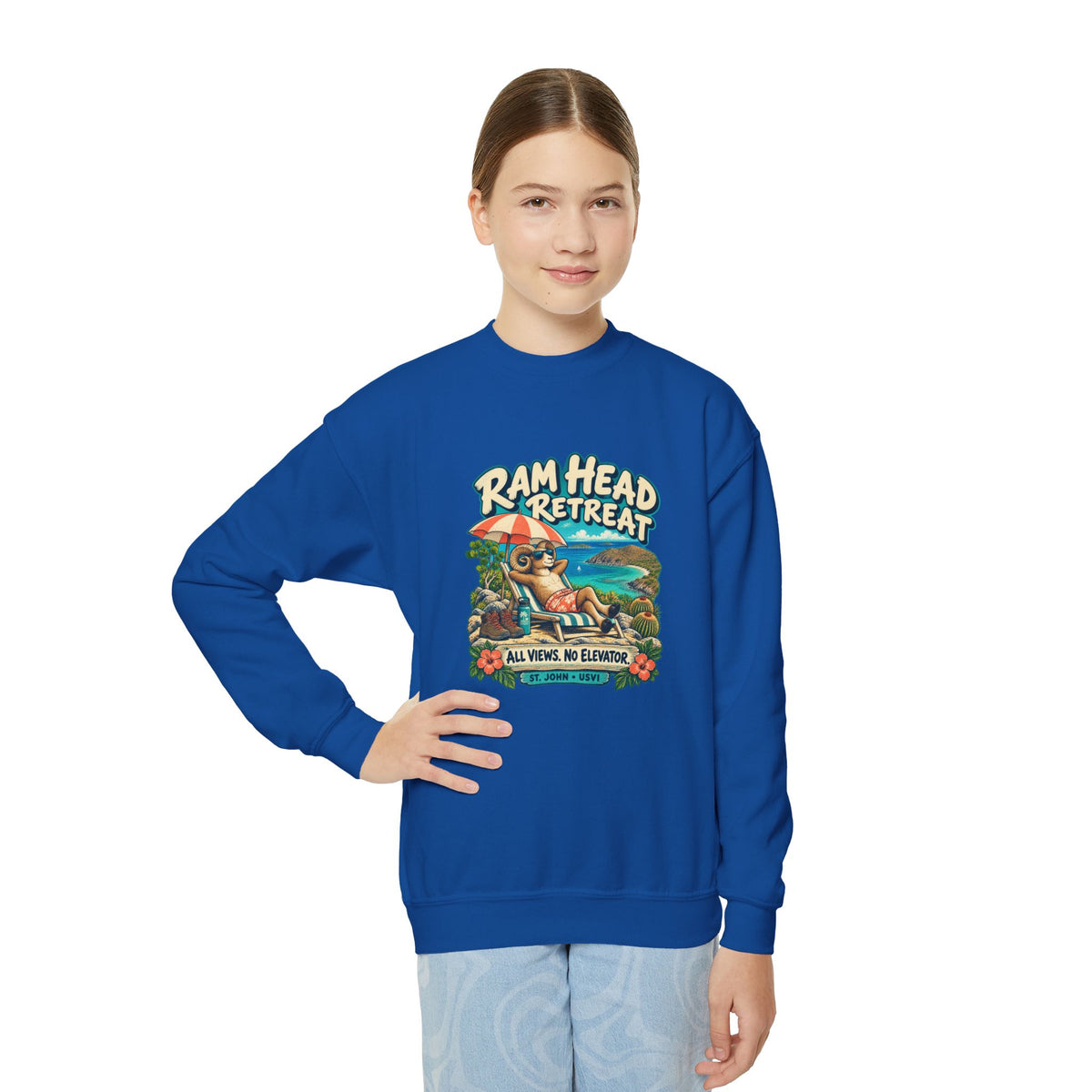 Youth model wearing a Gildan 18000B sweatshirt with Ram Head Retreat St John USVI artwork.