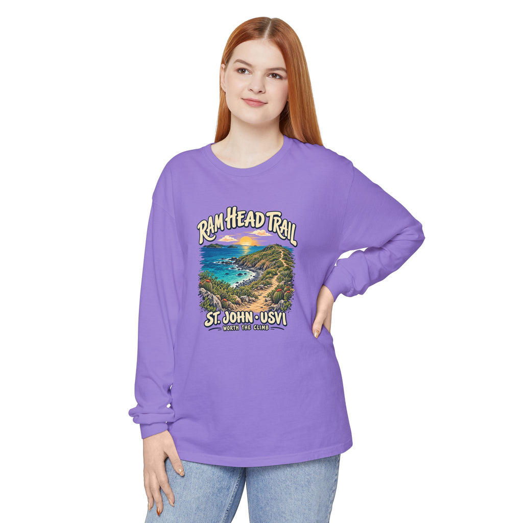 Model mockup of a Comfort Colors 6014 long-sleeve shirt featuring Ram Head Trail, St. John USVI coastal artwork and Worth the Climb lettering.