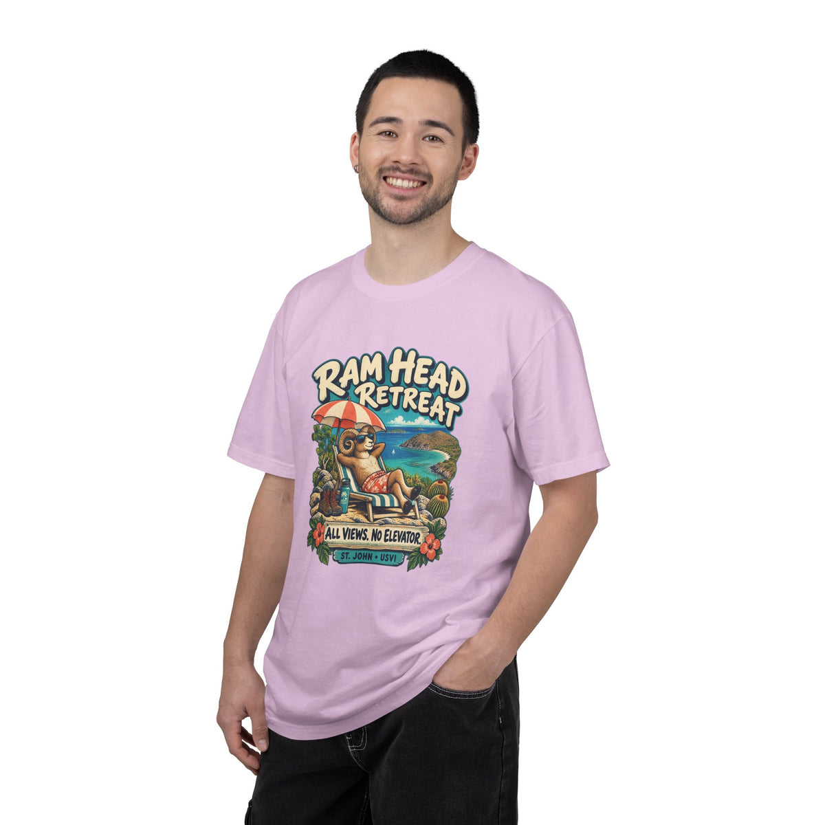 Model wearing a Comfort Colors 1717 T-shirt with the Ram Head Retreat lounging ram illustration and St. John USVI lettering.