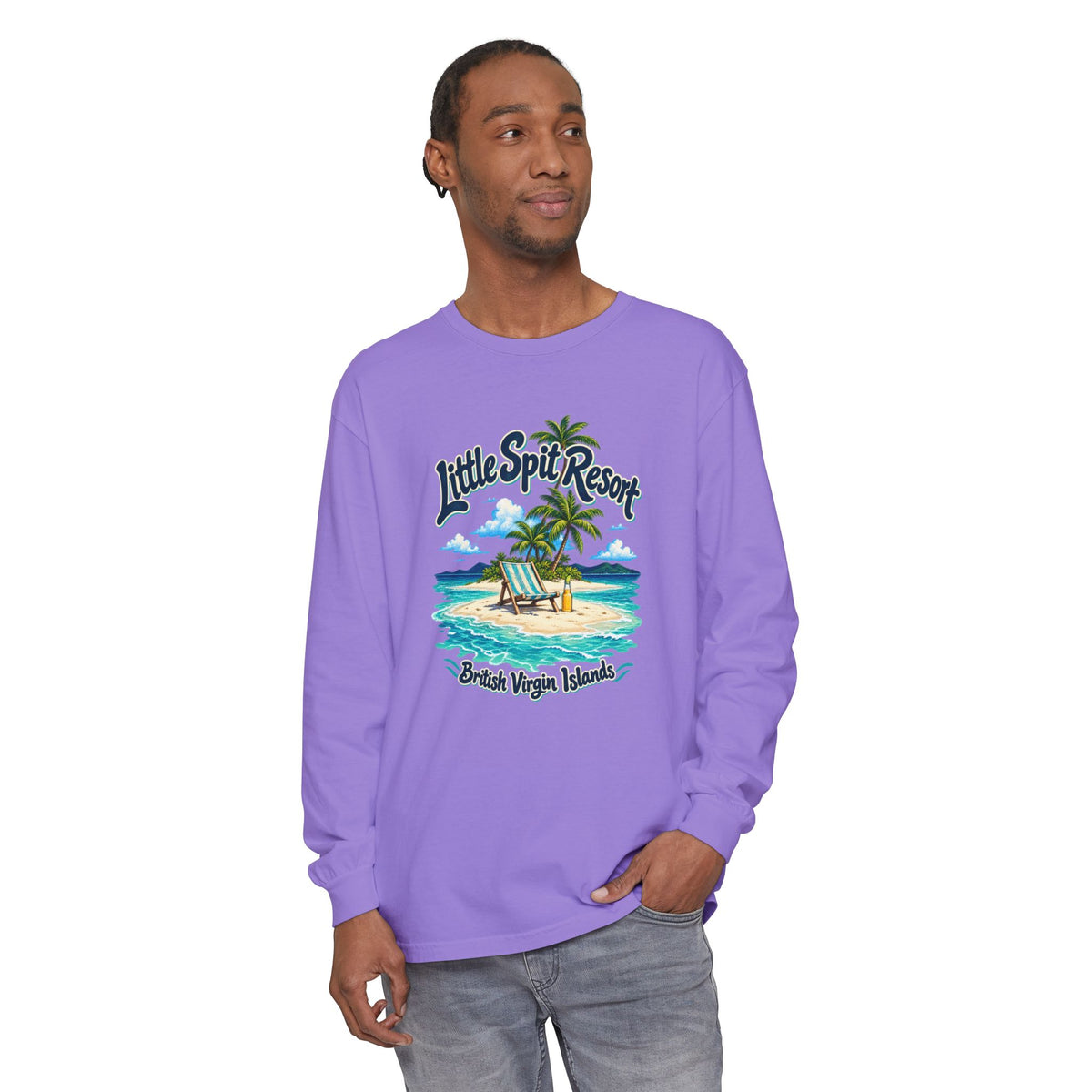 Model wearing the Little Spit Resort BVI Comfort Colors 6014 long-sleeve T-shirt with a beach-chair and palm-tree island graphic.