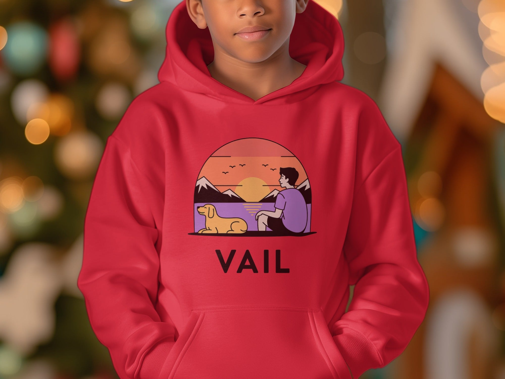 Red Vail Hoodie with Man and Dog Design product type