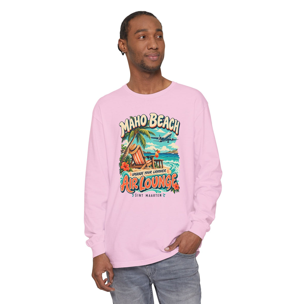Maho Beach Air Lounge Sint Maarten Comfort Colors 6014 Long-Sleeve T-Shirt featuring the Maho Beach destination artwork, supplier product mockup