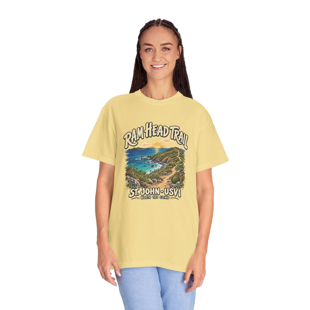 Model wearing a Comfort Colors 1717 T-shirt with the Ram Head Trail coastal illustration and St. John USVI lettering on the front.