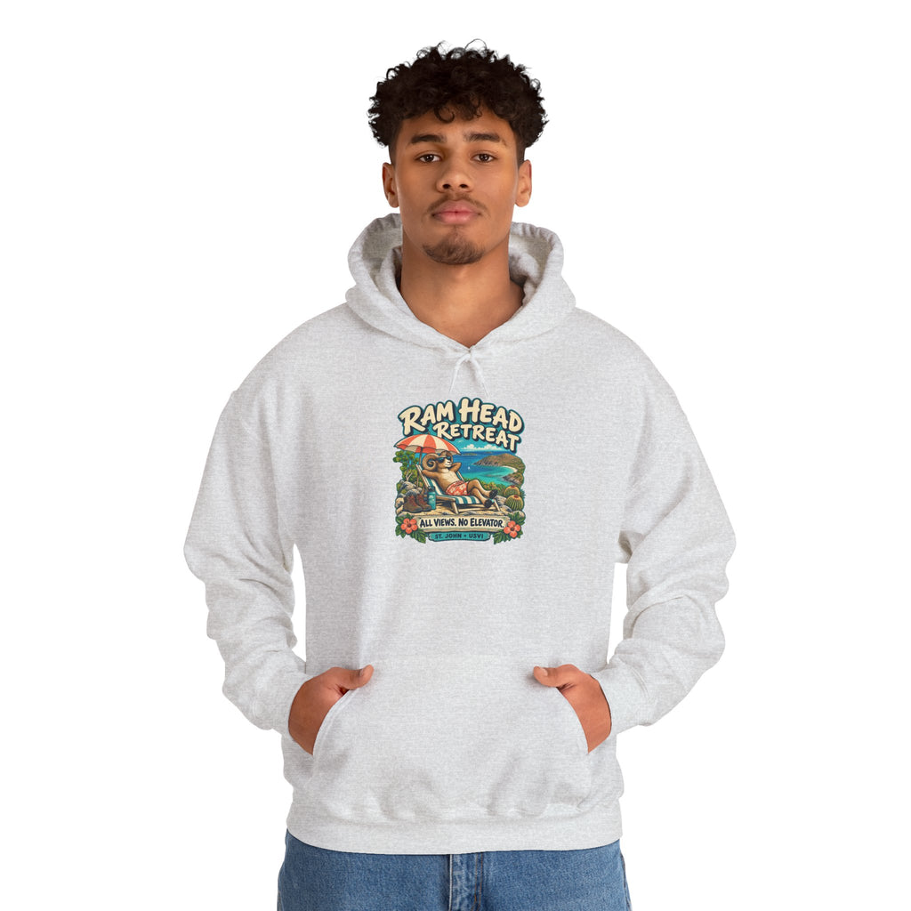 Model wearing a Ram Head Retreat St John USVI Gildan 18500 hoodie with lounging ram artwork.