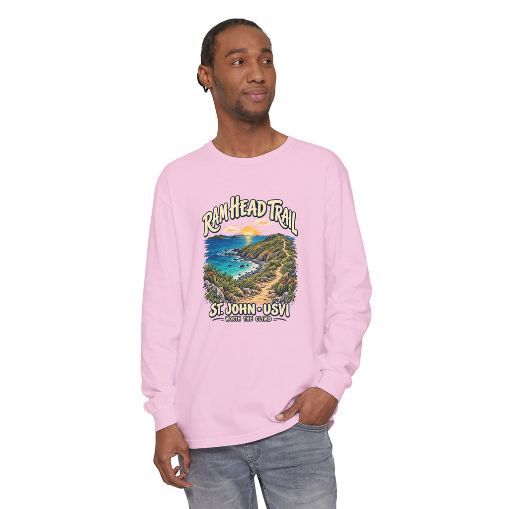 Model mockup of a Comfort Colors 6014 long-sleeve shirt featuring Ram Head Trail, St. John USVI coastal artwork and Worth the Climb lettering.