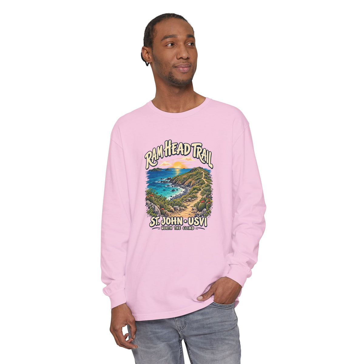 Model mockup of a Comfort Colors 6014 long-sleeve shirt featuring Ram Head Trail, St. John USVI coastal artwork and Worth the Climb lettering.