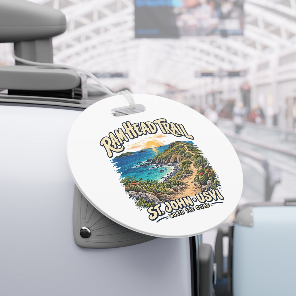 Ram Head Trail St John USVI double-sided luggage tag with coastal artwork, round shape, product view 8