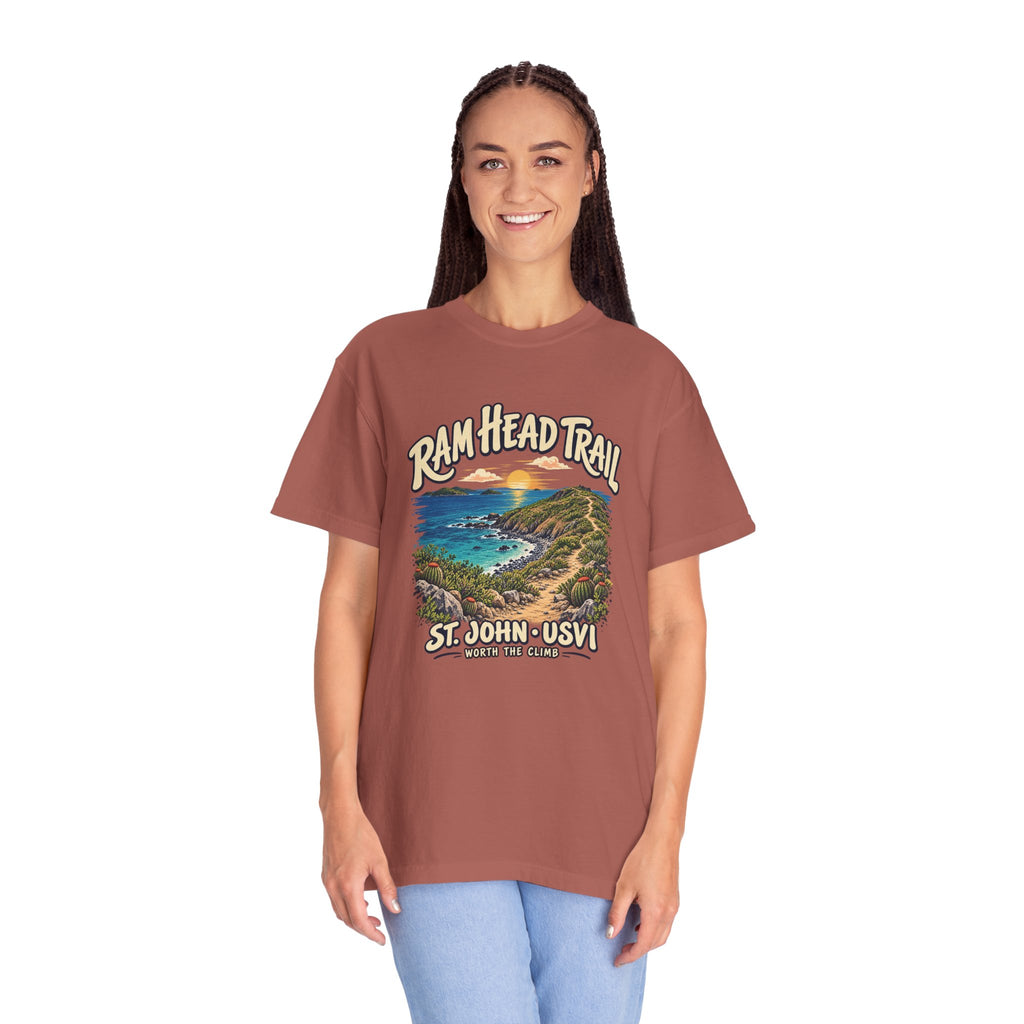 Model wearing a Comfort Colors 1717 T-shirt with the Ram Head Trail coastal illustration and St. John USVI lettering on the front.