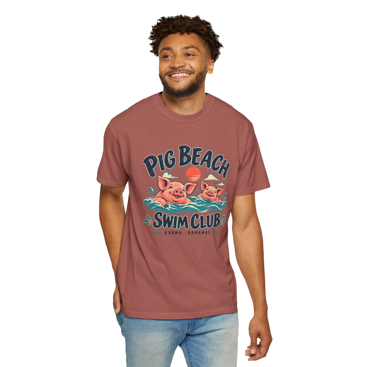 Model wearing the Pig Beach Swim Club Exuma Bahamas Comfort Colors 1717 T-shirt.