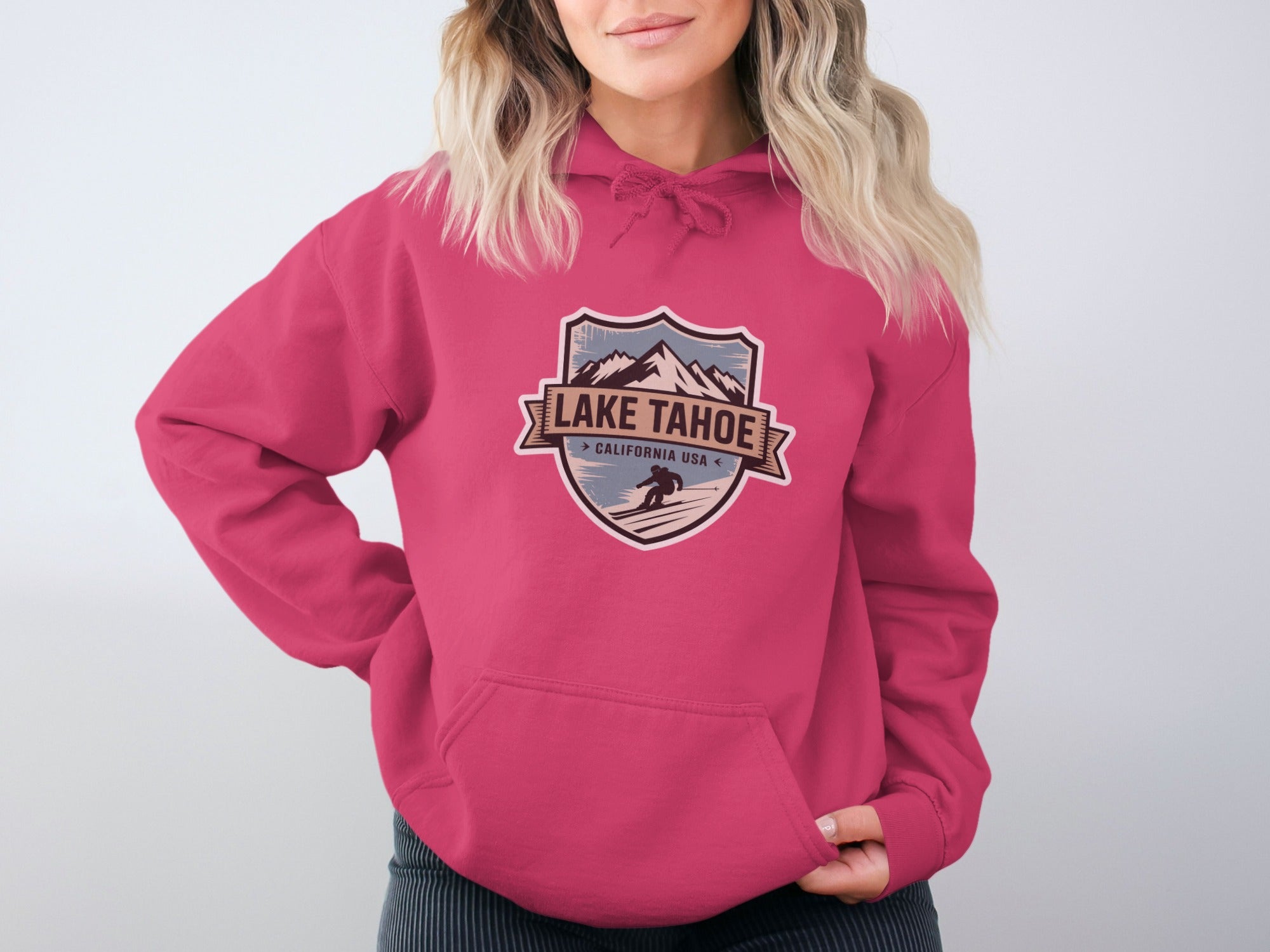 Pink Hoodie With Lake Tahoe California USA Print
