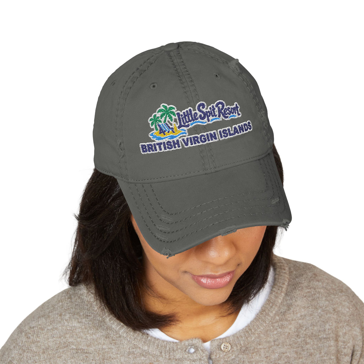 Model wearing the Little Spit Resort BVI embroidered OTTO 104-1018 distressed dad hat, front-view mockup.