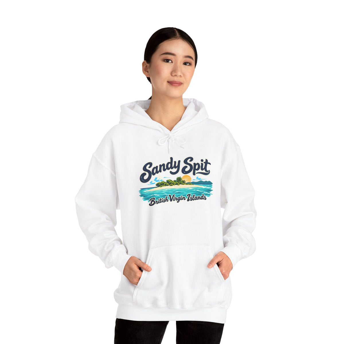 Model wearing the Sandy Spit BVI Gildan 18500 hoodie with colorful palm-tree island artwork and British Virgin Islands lettering.