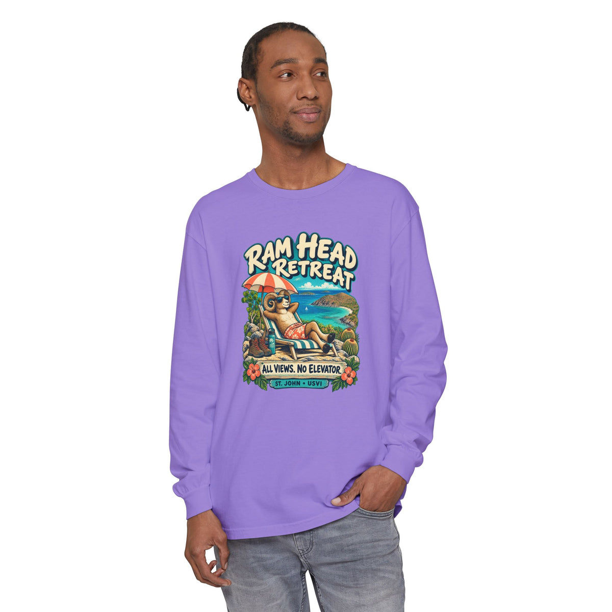 Model wearing Ram Head Retreat St John USVI Comfort Colors 6014 Long-Sleeve T-Shirt with the lounging ram retreat design.
