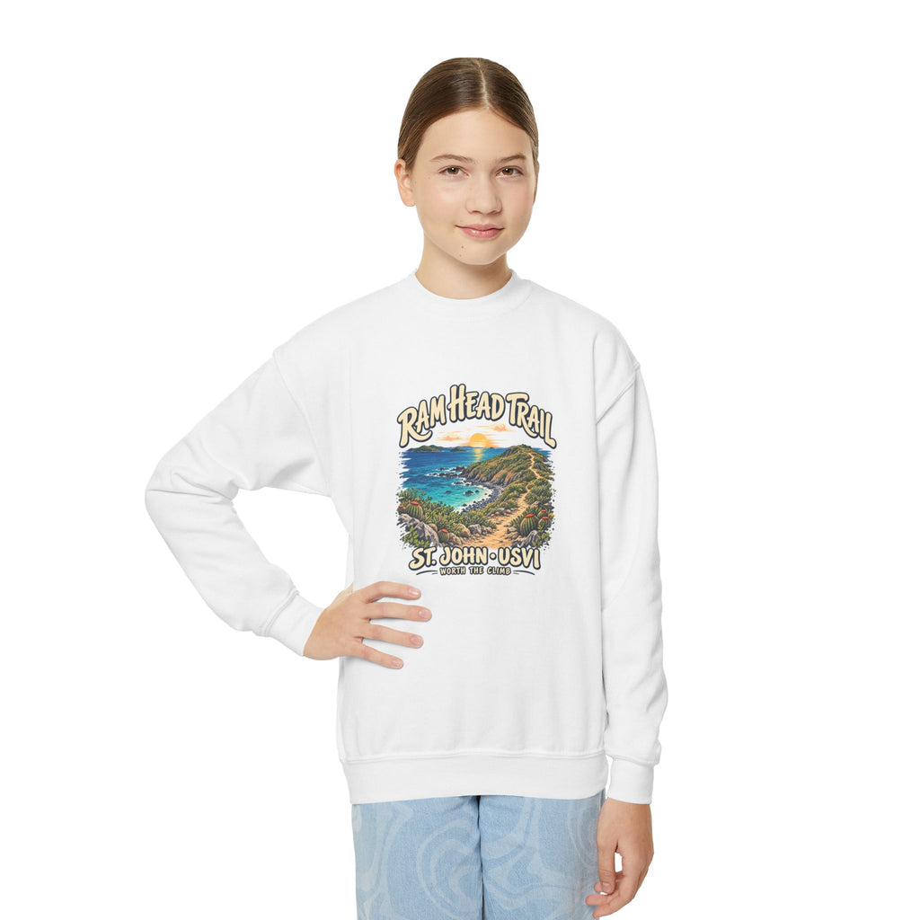 Youth model wearing a Gildan 18000B sweatshirt with Ram Head Trail St John USVI coastal artwork.