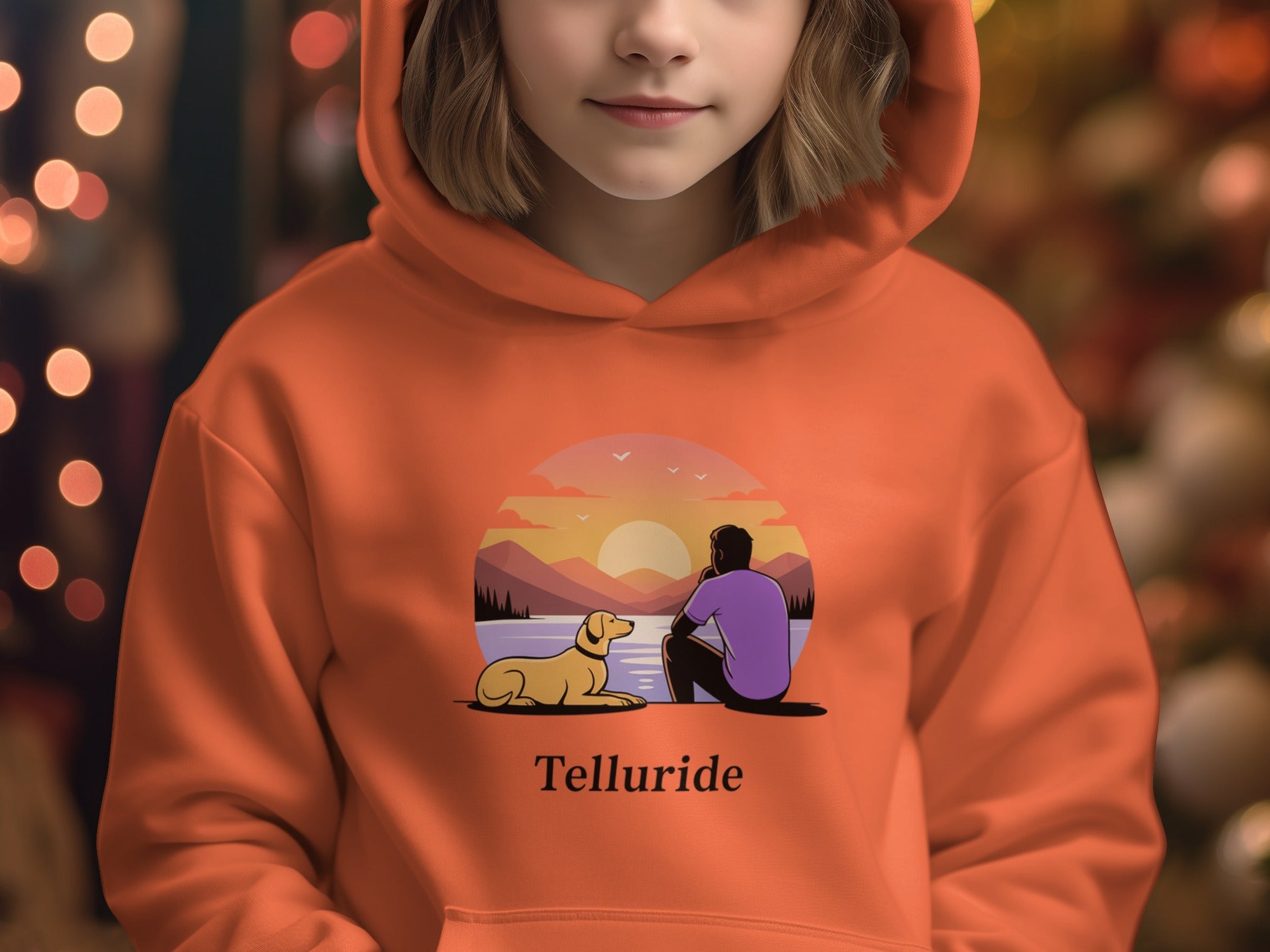 Telluride Sunset Hoodie Dog and Man by Lake Design