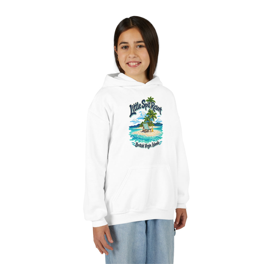 Young model wearing the Little Spit Resort BVI Gildan 18500B youth hoodie, front-view mockup.
