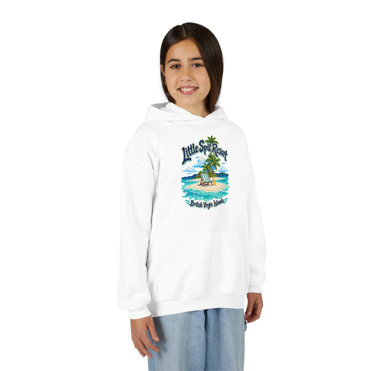 Young model wearing the Little Spit Resort BVI Gildan 18500B youth hoodie, front-view mockup.