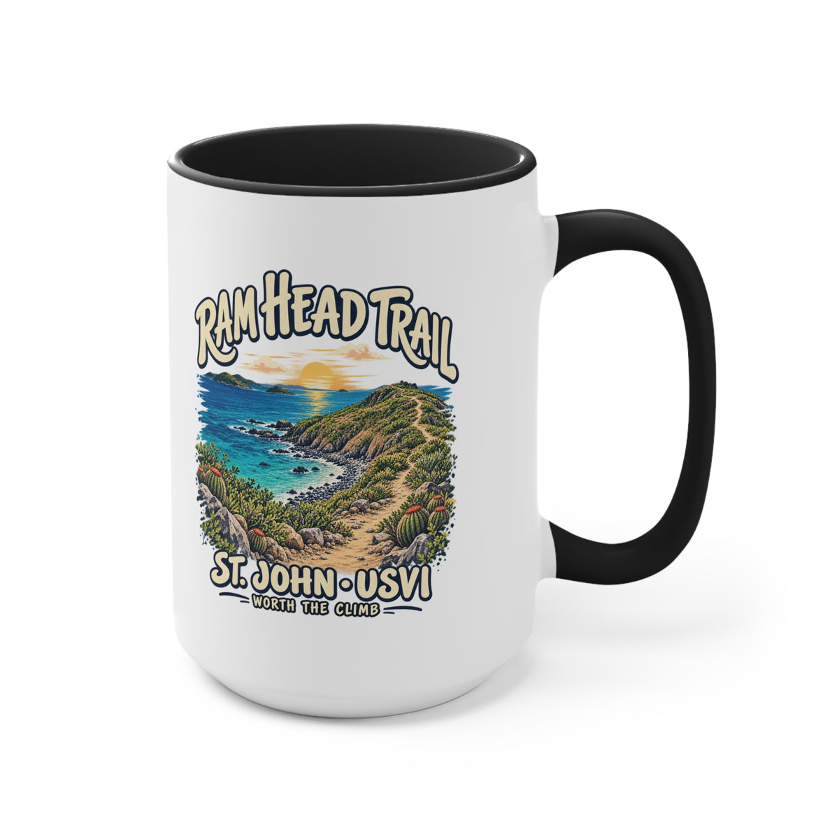 Ram Head Trail St John USVI coastal artwork on the printed side of a ceramic accent coffee mug.
