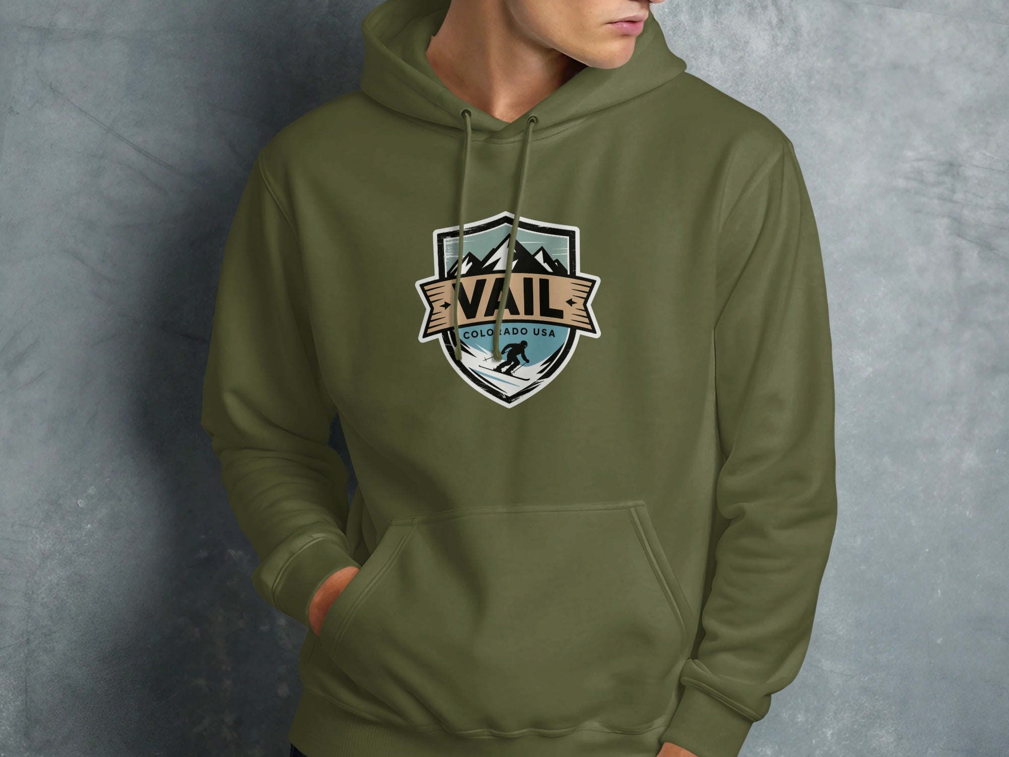 Vail Colorado USA Green Hoodie with Skiing Graphic product