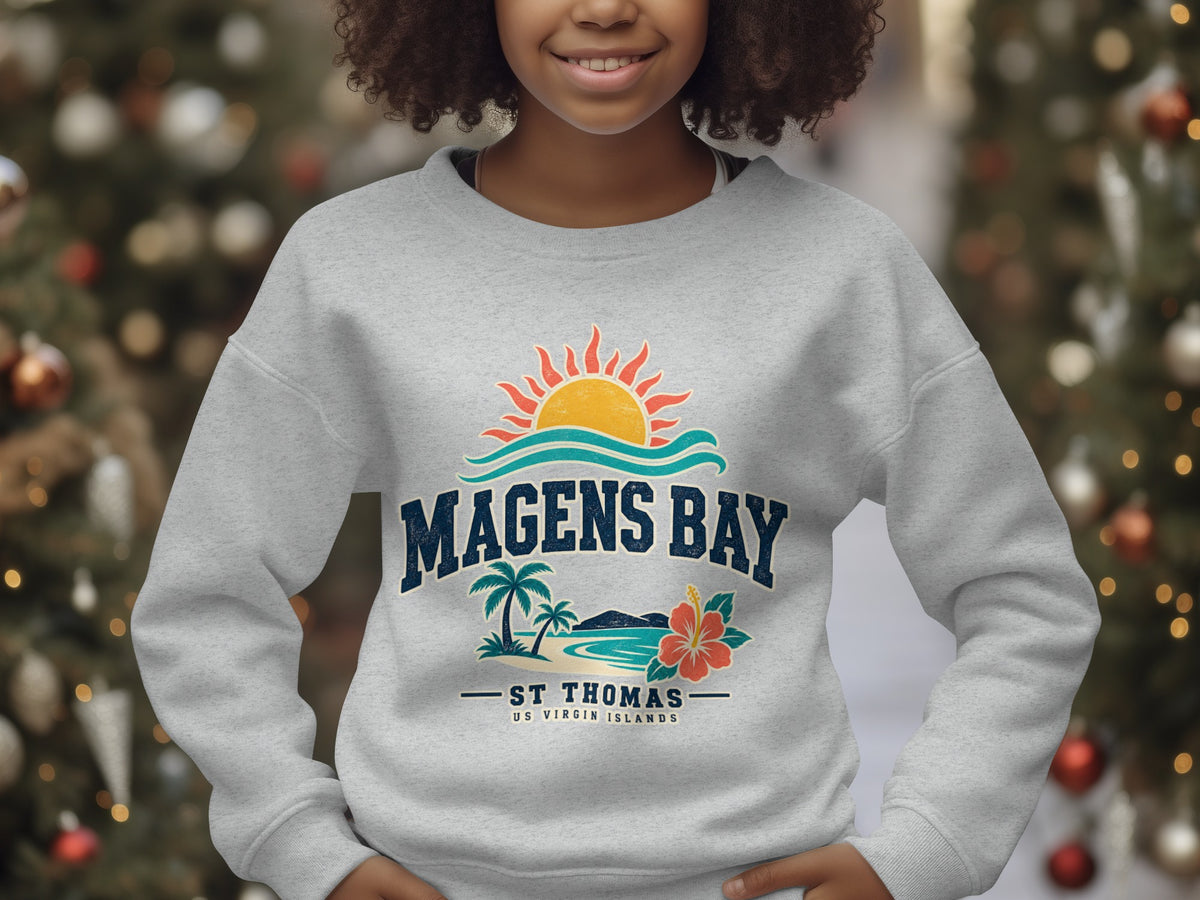 Gray sweatshirt with Magens Bay St. Thomas US Virgin Islands graphic.