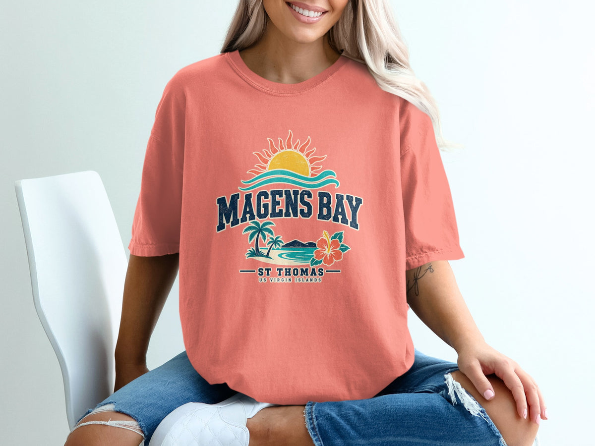 Coral t-shirt with Magens Bay St Thomas US Virgin Islands graphic print.