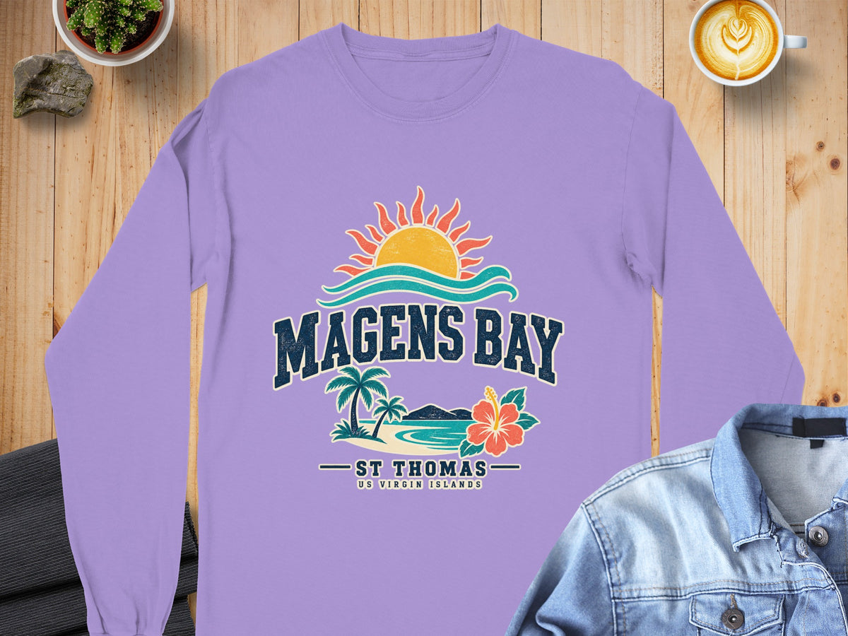 Long sleeve shirt with Magens Bay St. Thomas graphic and tropical scene.