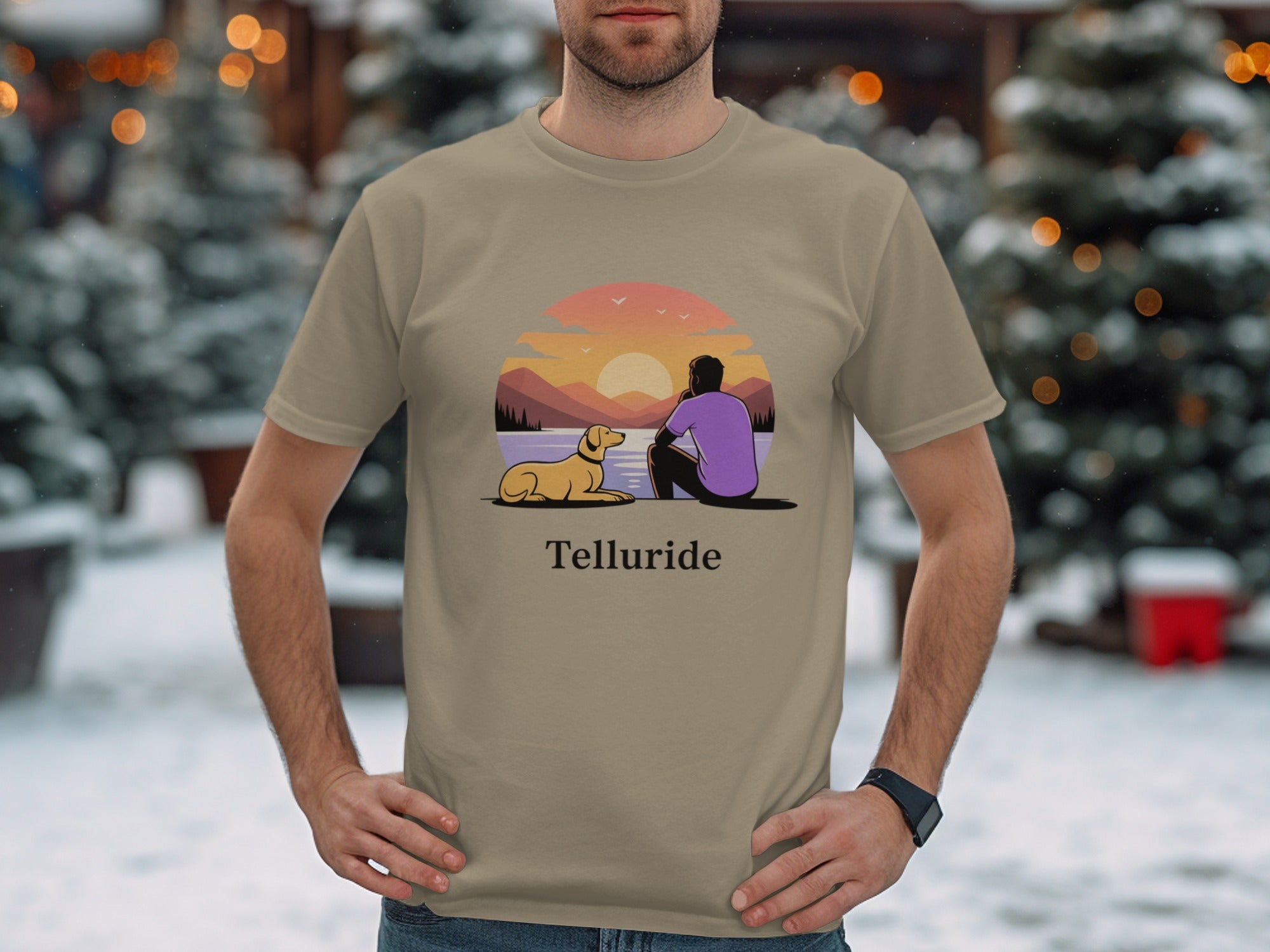 Scenic Telluride Sunset with Man and Dog T-Shirt