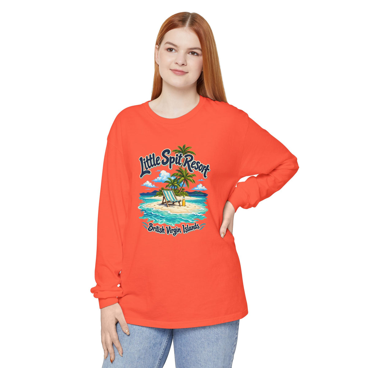 Model wearing the Little Spit Resort BVI Comfort Colors 6014 long-sleeve T-shirt with a beach-chair and palm-tree island graphic.