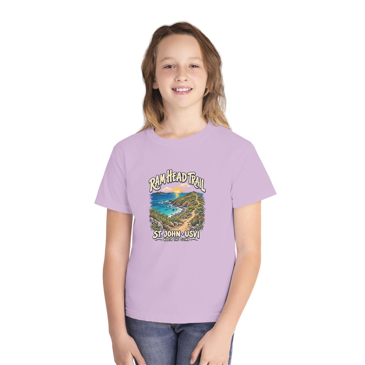 Youth model wearing a Comfort Colors 9018 tee with Ram Head Trail St John USVI coastal artwork.