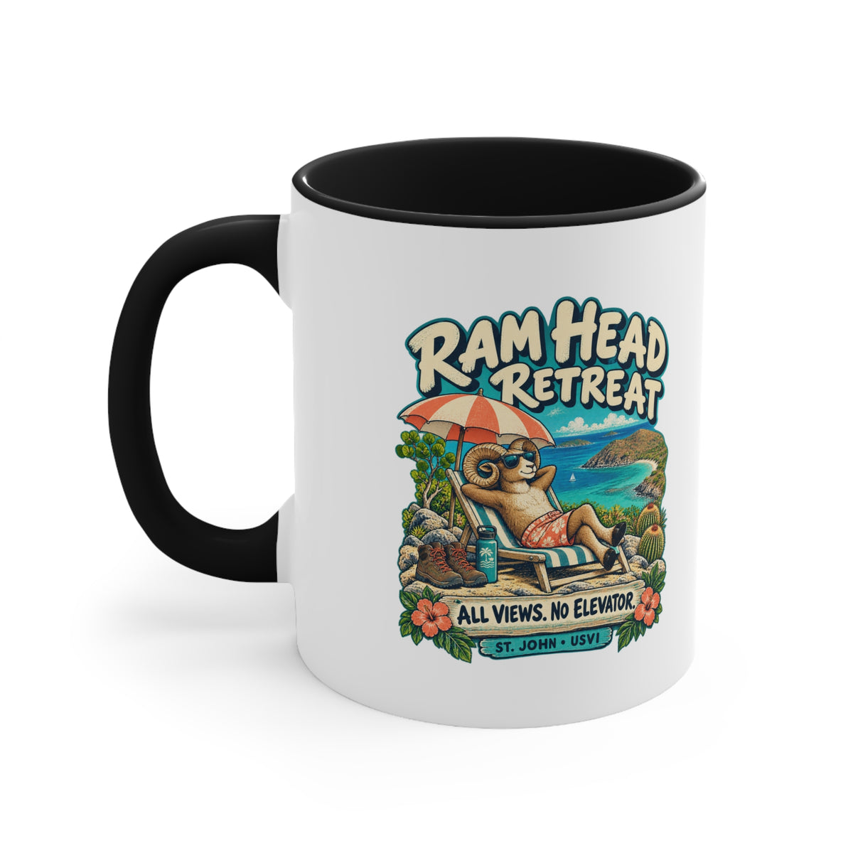 Ram Head Retreat St John USVI accent mug displaying the lounging ram design on its printed side.