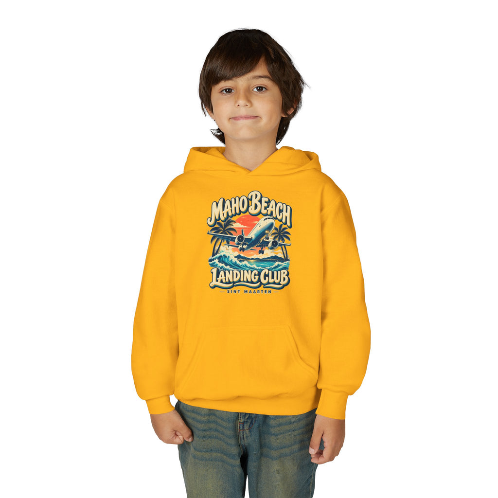 Maho Beach Landing Club Sint Maarten Gildan 18500B Youth Hoodie featuring the Maho Beach destination artwork, supplier product mockup