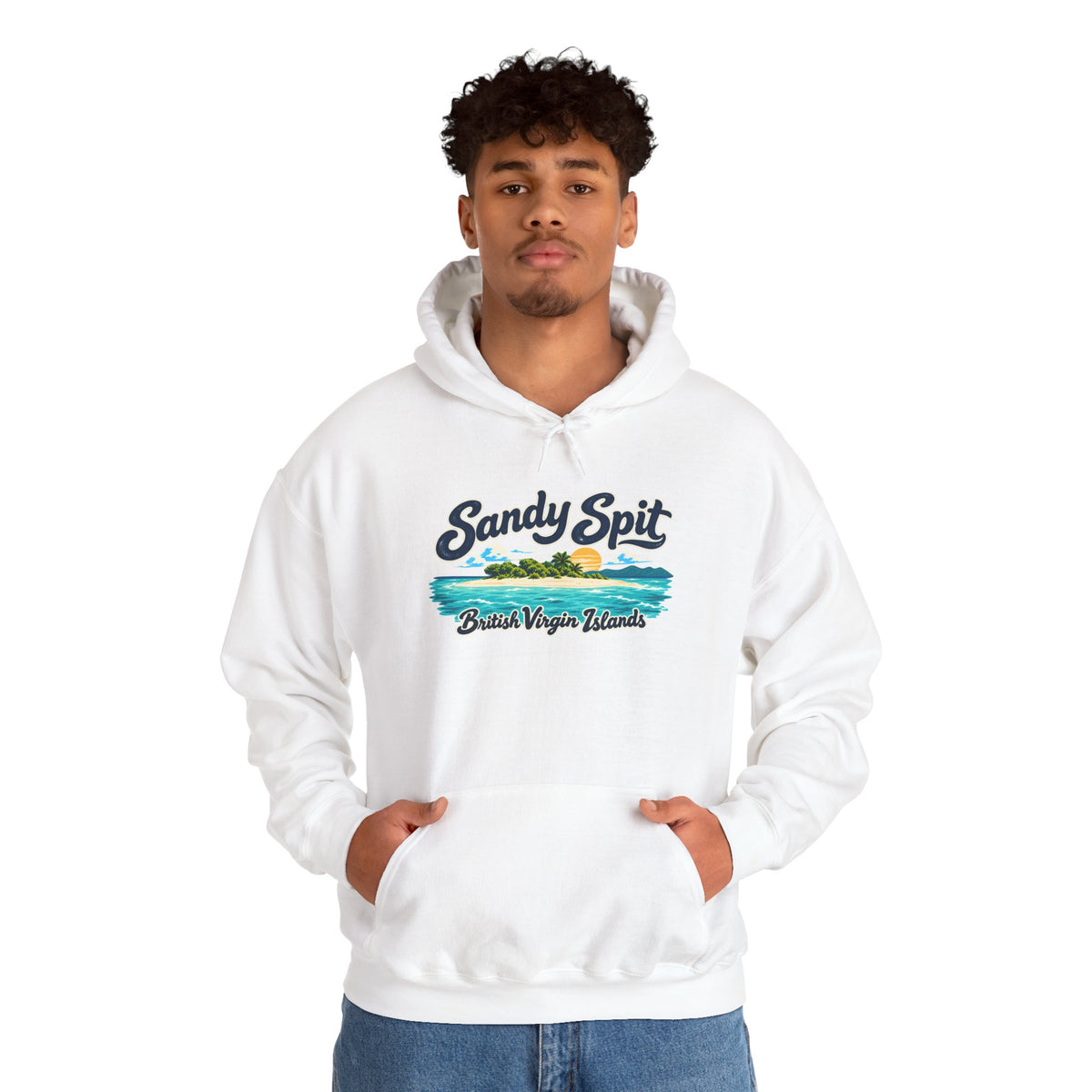 Model wearing the Sandy Spit BVI Gildan 18500 hoodie with colorful palm-tree island artwork and British Virgin Islands lettering.