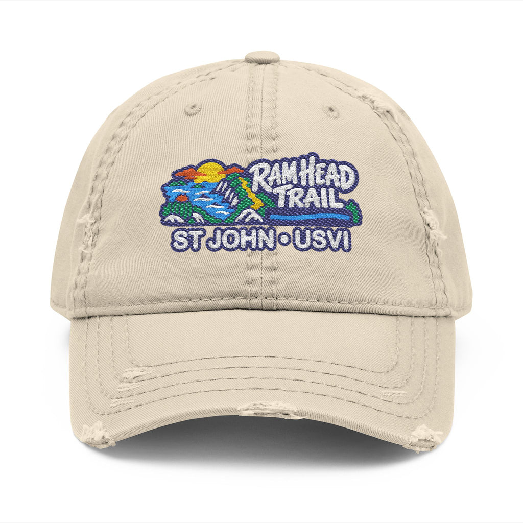 Ram Head Trail St John USVI embroidered distressed dad hat, product and model view 4