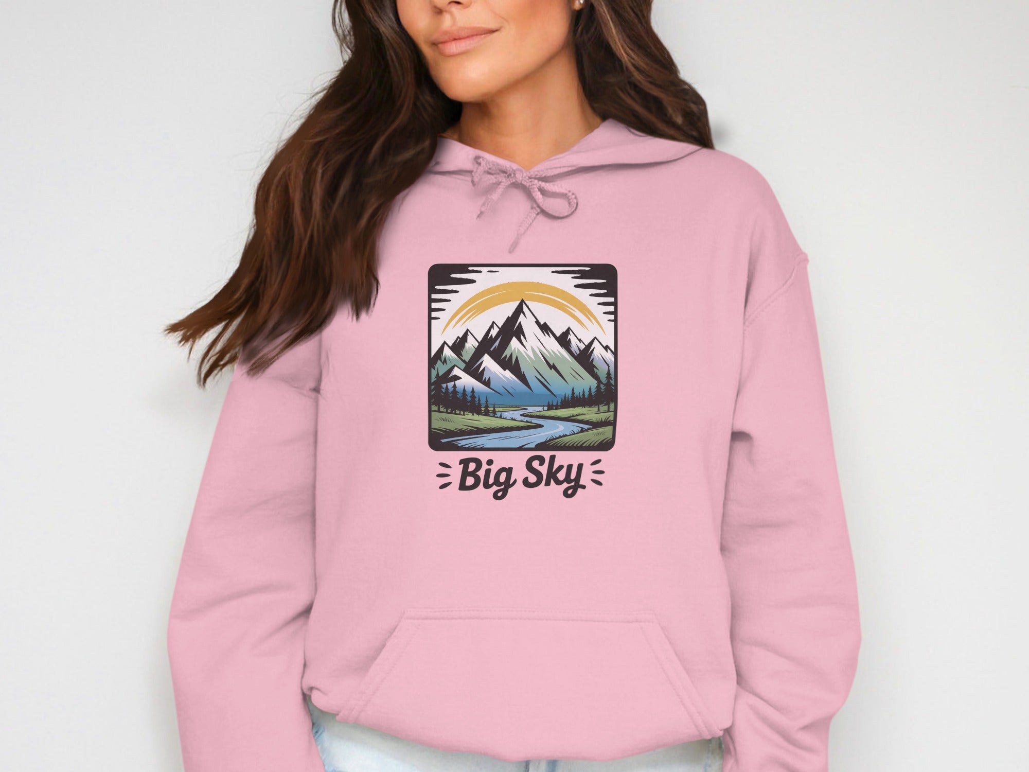Big Sky Graphic Hoodie with Mountain and River Design