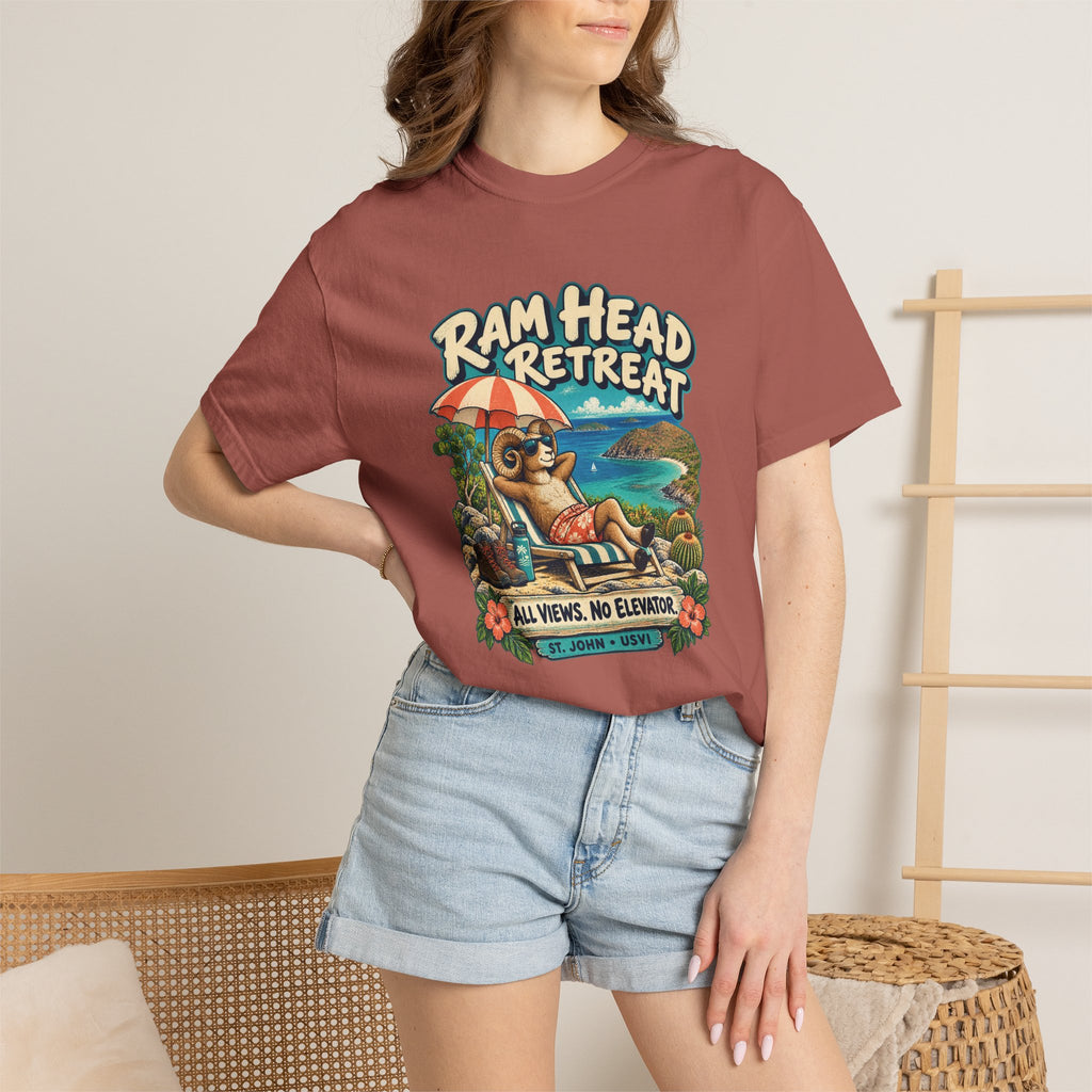 Model wearing a Comfort Colors 1717 T-shirt with the Ram Head Retreat lounging ram illustration and St. John USVI lettering.