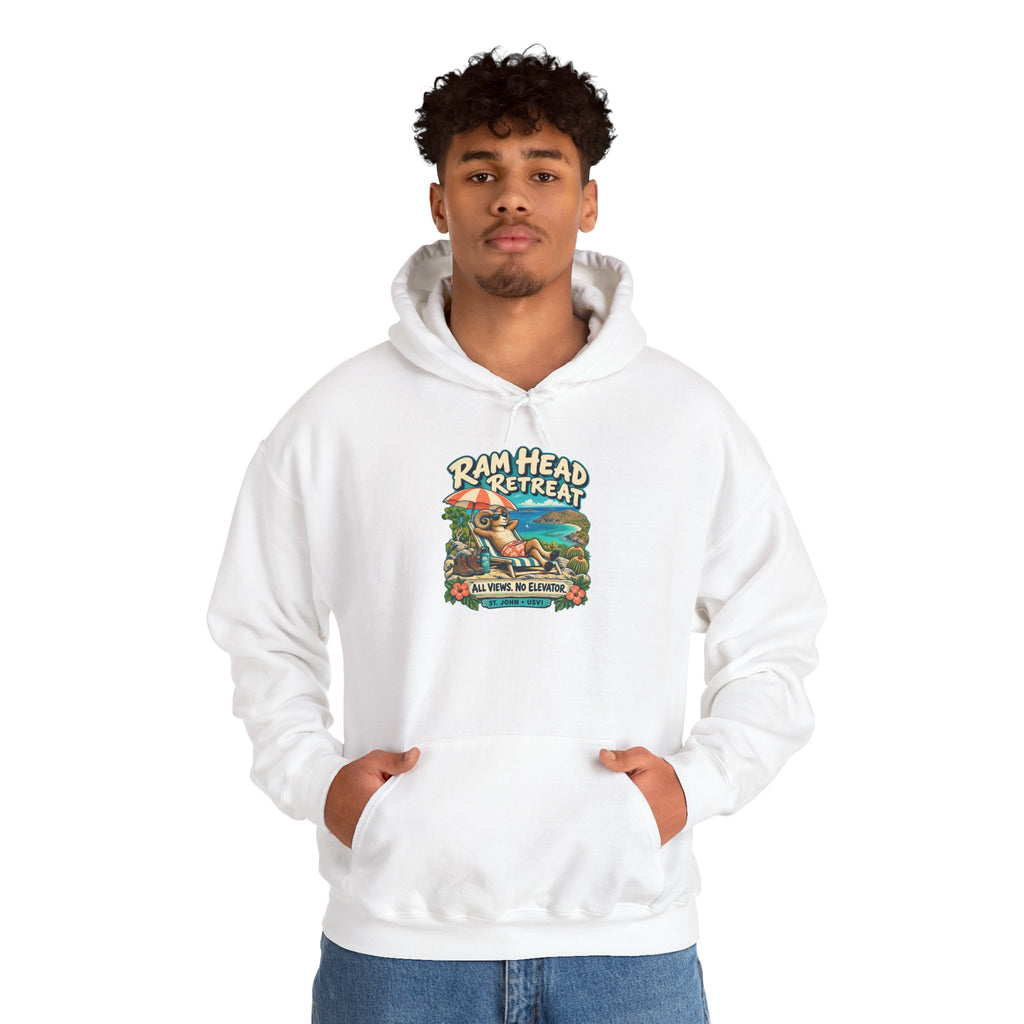 Model wearing a Ram Head Retreat St John USVI Gildan 18500 hoodie with lounging ram artwork.