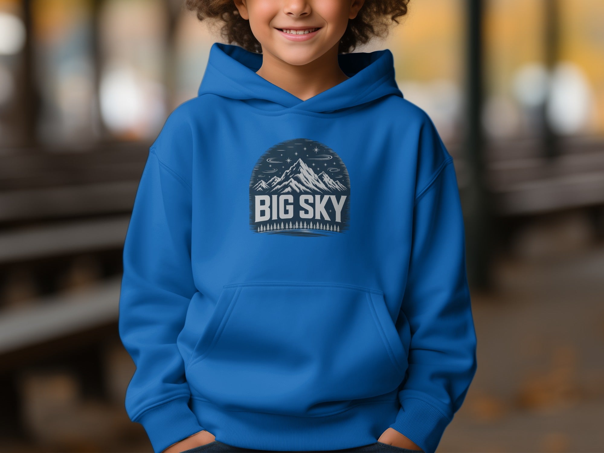 Cozy Blue Hoodie with Big Sky Graphic Design