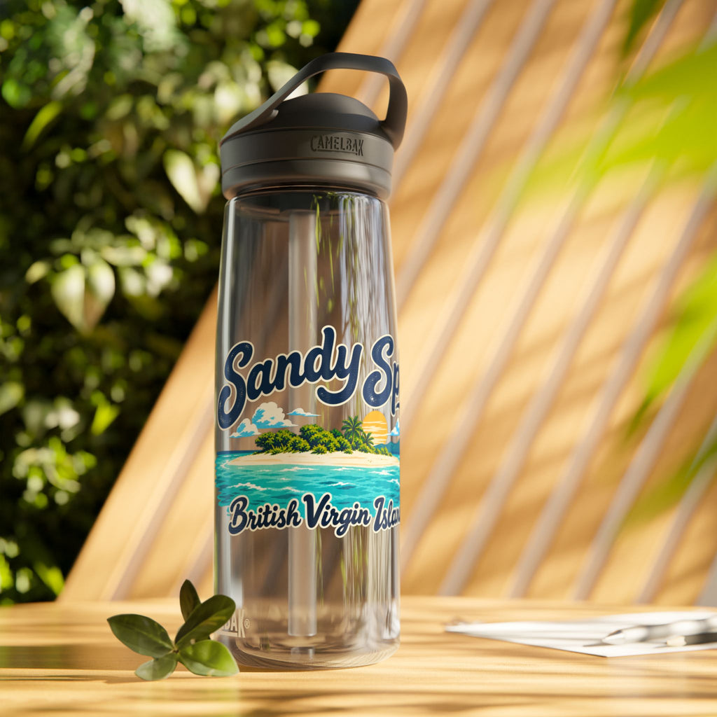 Sandy Spit BVI artwork on a charcoal CamelBak Eddy 25-ounce water bottle in a lifestyle product mockup.