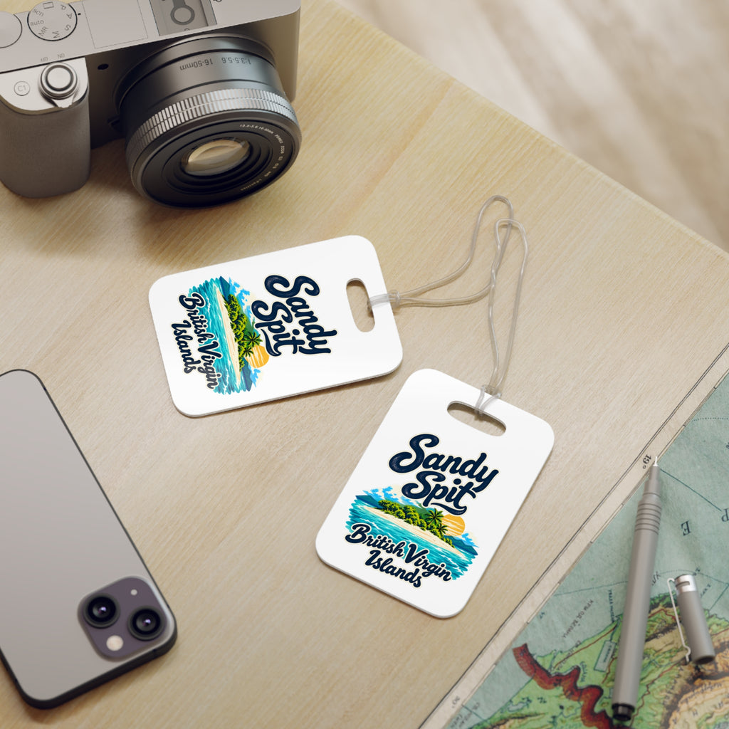 Sandy Spit British Virgin Islands double-sided luggage tag shown in a travel-setting product mockup.