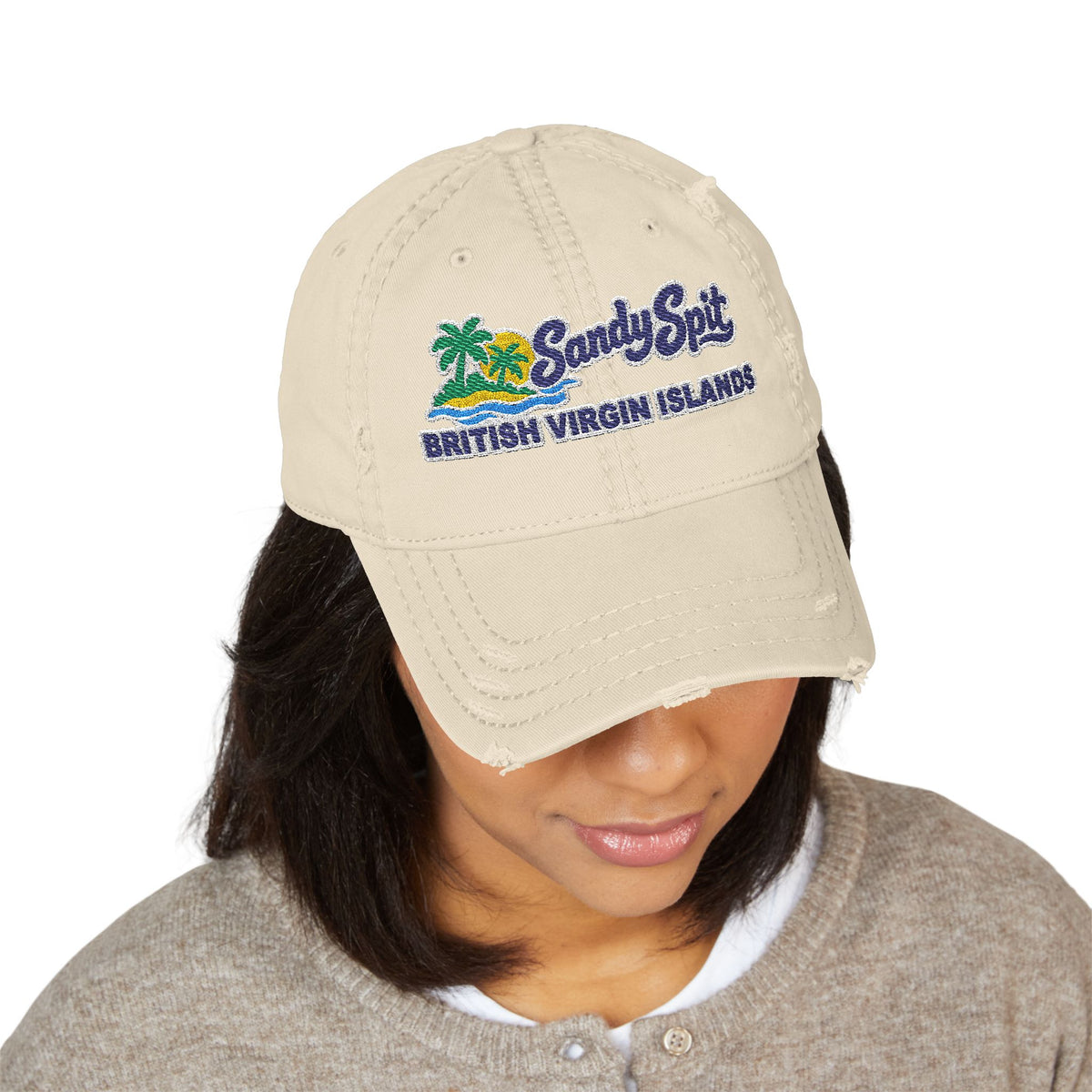 Model wearing the Sandy Spit BVI embroidered OTTO 104-1018 distressed dad hat, front-view mockup.