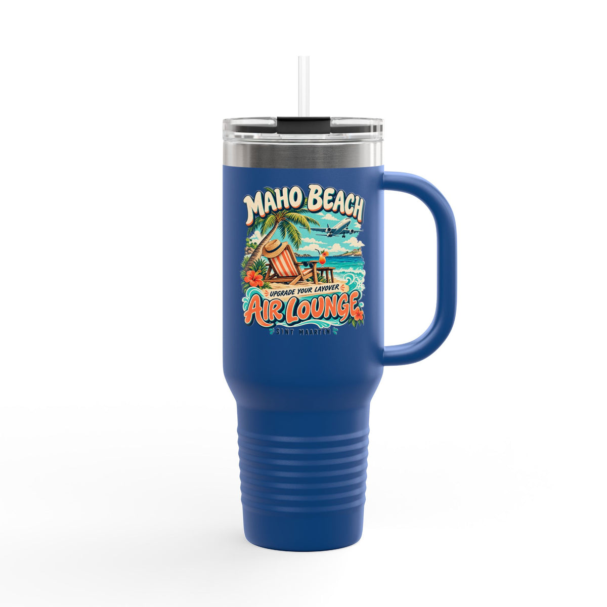 Maho Beach Air Lounge Sint Maarten Polar Camel 40 oz Travel Mug illustrated destination design, product mockup