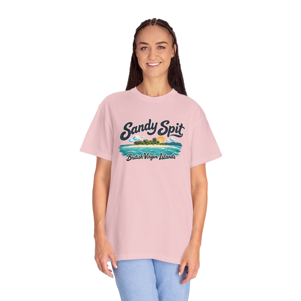 Model wearing the Sandy Spit BVI Comfort Colors 1717 T-shirt with colorful palm-tree island artwork and British Virgin Islands lettering.